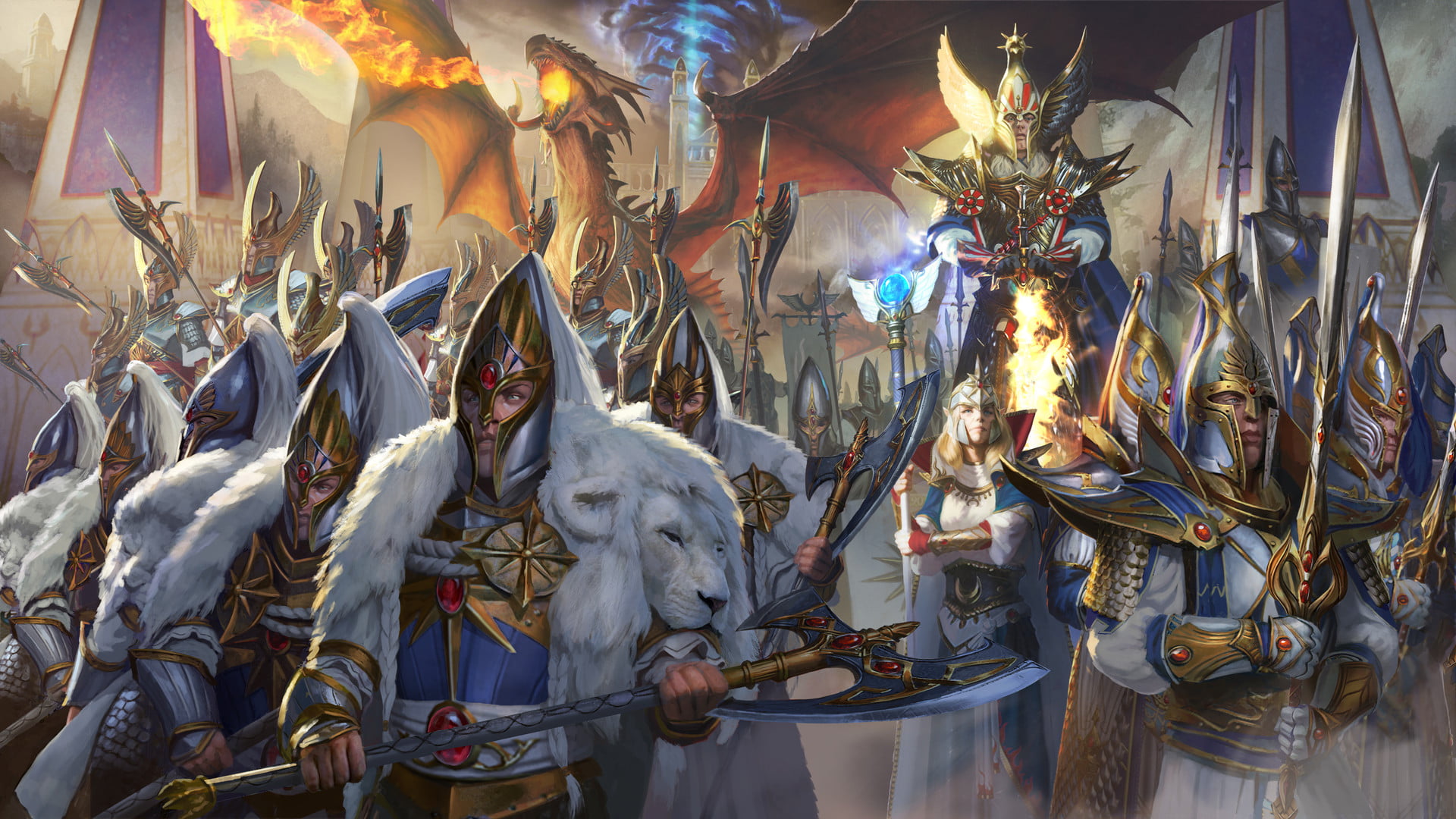 army with soldiers and dragon digital wallpaper, Total War: Warhammer II, Warhammer, High Elf