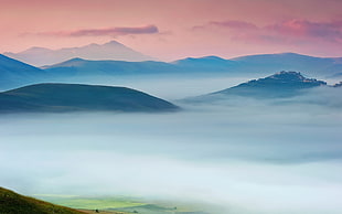 landscape photo of mountain covered with fog, landscape, mist, hills, sky HD wallpaper