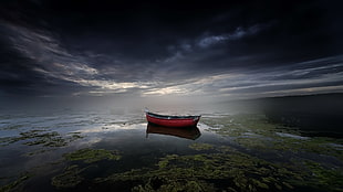 red boat, nature, boat, sky, vehicle