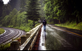 selective focus photography of man, alone, blurred, trees, railway
