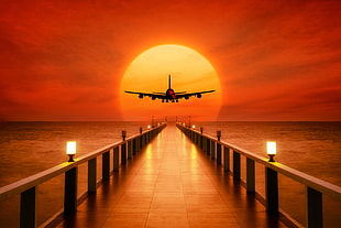gray airplane, Airplane, Sunset, Horizon