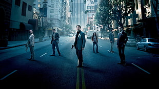 men's gray suit jacket, Inception, Leonardo DiCaprio, gun, movies