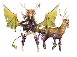 female anime character with and wings beside deer illusration