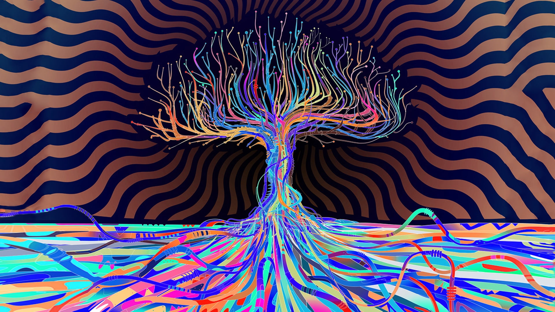 teal and multicolored tree illustration