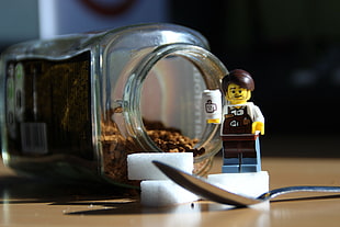 clear glass and brown ceramic mug, LEGO, toys, closeup, miniatures