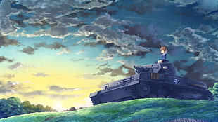 anime character on top battle tank digital wallpaper