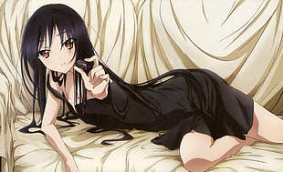 woman in black spaghetti strap dreess holding rock anime illustration