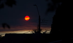 blood moon, smoke, Red sun, sunset, landscape HD wallpaper