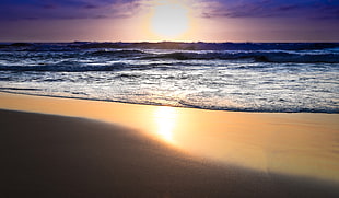 sunset above blue beach photo HD wallpaper