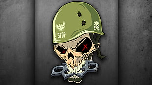 skull wearing green tactical helmet decal, minimalism, Five Finger Death Punch, skull, helmet
