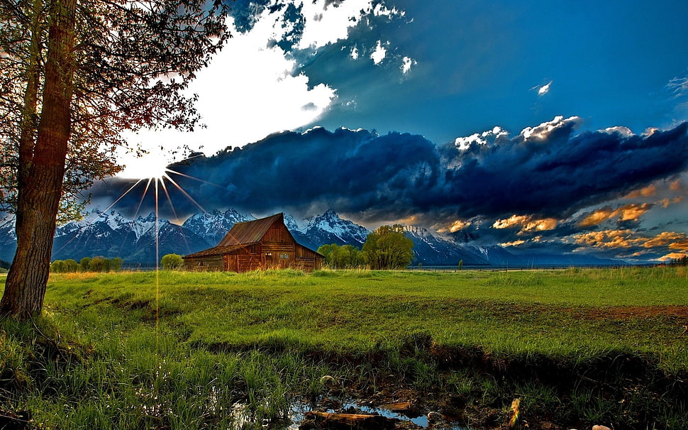 barn house under blue sky HD wallpaper