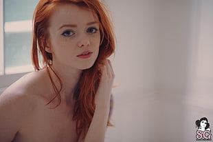 topless woman, women, redhead, long hair, nude HD wallpaper