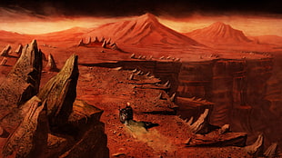 illustration of brown mountains, Mars, fantasy art, canyon