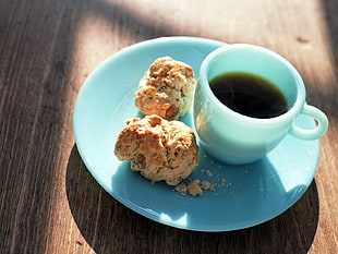white mug filled with coffee with cookies on saucer HD wallpaper