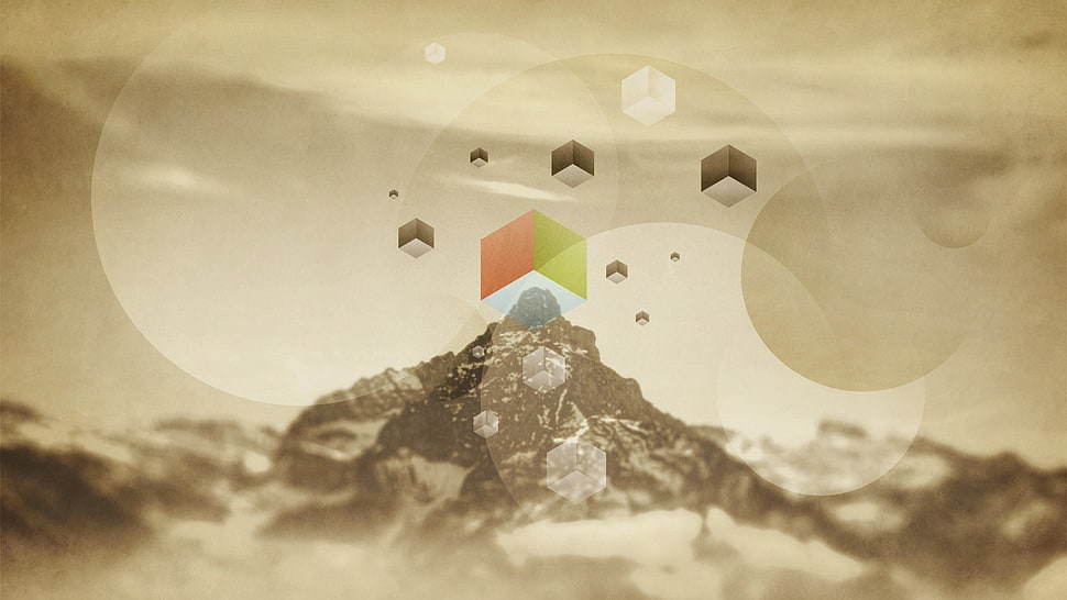 abstract, cube, mountains, circle HD wallpaper