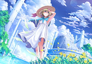 female anime character wearing white and blue dress poster