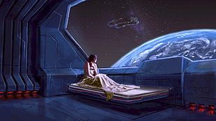 black haired woman wearing white top looking at planet illustration