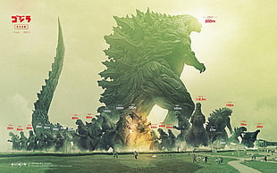 Godzilla wallpaper, Godzilla, creature, infographics, running