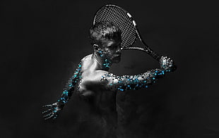 painting of tennis player, tennis, tennis rackets, selective coloring, men