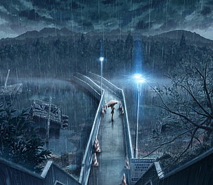 photo a person using umbrella on bridge, rain, alone, night, anime