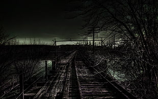train track digital wallpaper, railway, dark, apocalyptic, landscape