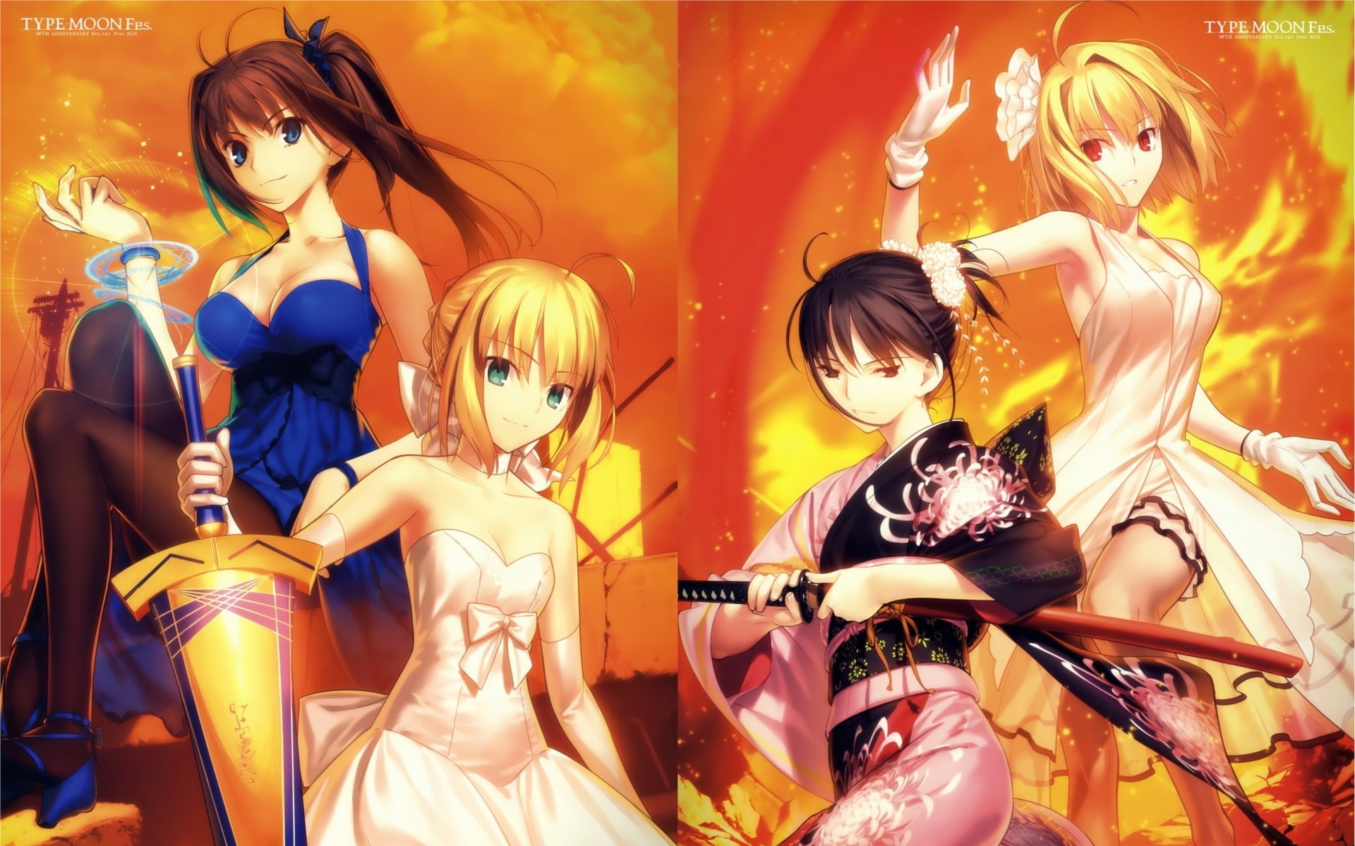 four female anime character illustration, Type-Moon, Saber, Arcueid Brunestud , Aozaki Aoko