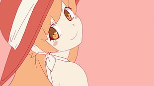 orange haired female anime character with red and white sun hat, Monogatari Series, Oshino Shinobu, minimalism