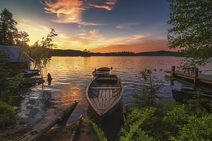 brown row boat, landscape, water HD wallpaper