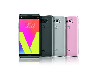 three black, silver, and pink LG V20 smartphones HD wallpaper