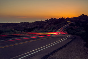 grey asphalt road, road, light trails, sunset