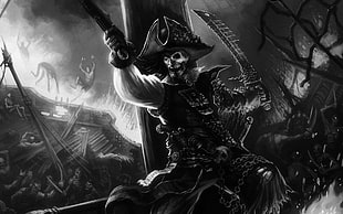 skeleton pirate painting, pirates, Kraken