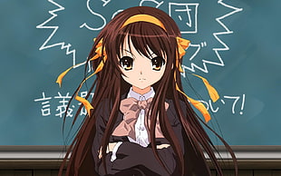 brown haired white, brown, and black uniformed girl anime character