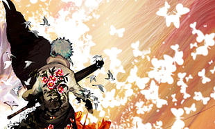 man with sword digital wallpaper, anime, artwork, flowers, birds