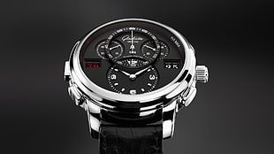 black face chronograph watch with leather strap HD wallpaper