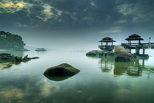landscape photography of house on dock surrounded by body of water HD wallpaper