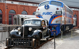 vintage black car, train, railway, vehicle, old car