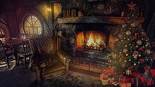 brown wooden framed brown padded couch, trees, cat, fire, lights