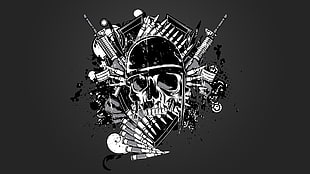 human skull wearing helmet surrounded with guns and bullets digital wallpaper, abstract, skull, digital art, gray background