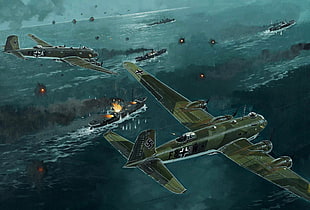fighter planes and war ships painting, World War II, airplane, aircraft, military