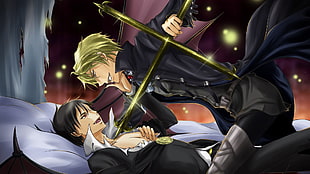 two men anime character holding cross sword illustration, Durarara!!, Orihara Izaya, Heiwajima Shizuo, anime