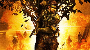 man holding gun illustration, Metal Gear Solid 3: Snake Eater, Metal Gear Solid , video games, PlayStation 2 HD wallpaper