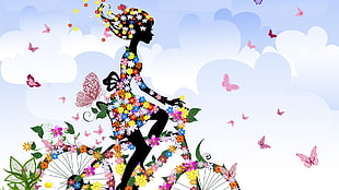 silhouette of a woman covered with flowers while riding a bicycle and surrounded with pink butterflies illustration