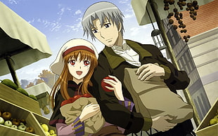 female anime character in black dress with long brown hair holding paper bag with apples beside male character in brown and black coat with short gray hair