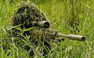 gray sniper rifle and ghillie suit, sniper rifle, men, ghillie suit, soldier