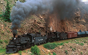 black and brown steam locomotive train, train, steam locomotive, cliff, freight train HD wallpaper