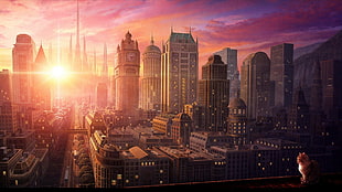 high rise building illustration, cityscape, sunset