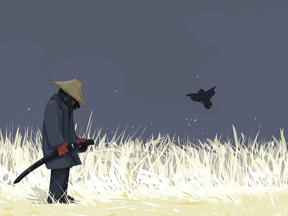 brown kasa hat, anime, samurai HD wallpaper