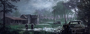two man outside the house painting, artwork, apocalyptic