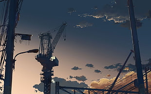 silhouette of gantry crane digital wallpaper, cranes (machine), industrial, drawing HD wallpaper