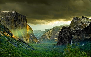 green forest tree surrounded by black and yellow mountains under gray cloudy sky during daytime HD wallpaper